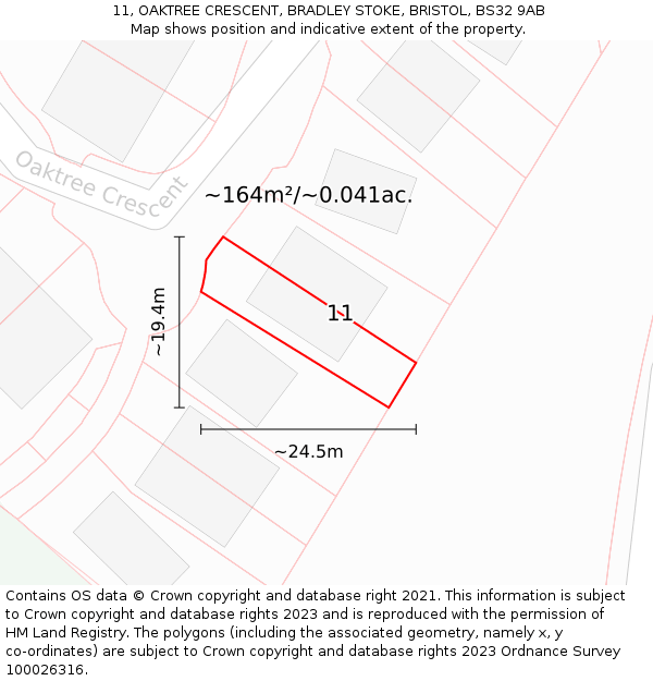 11, OAKTREE CRESCENT, BRADLEY STOKE, BRISTOL, BS32 9AB: Plot and title map