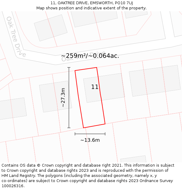 11, OAKTREE DRIVE, EMSWORTH, PO10 7UJ: Plot and title map