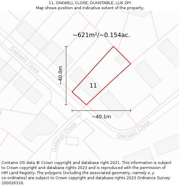 11, OAKWELL CLOSE, DUNSTABLE, LU6 2PY: Plot and title map
