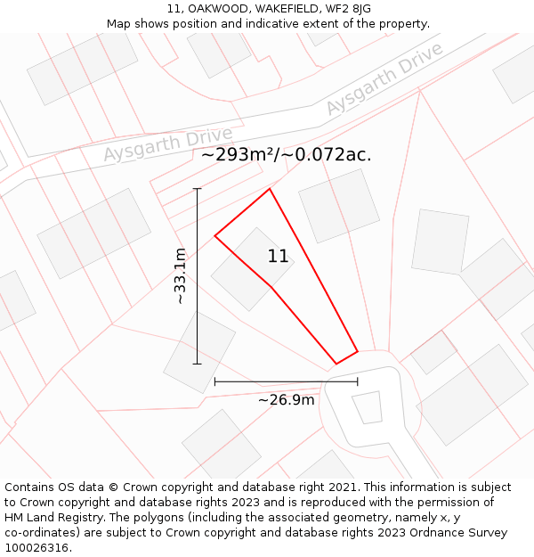 11, OAKWOOD, WAKEFIELD, WF2 8JG: Plot and title map
