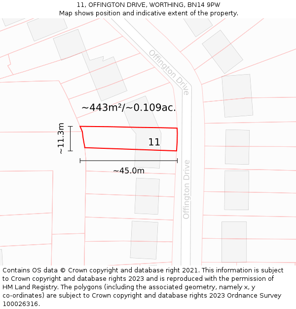 11, OFFINGTON DRIVE, WORTHING, BN14 9PW: Plot and title map