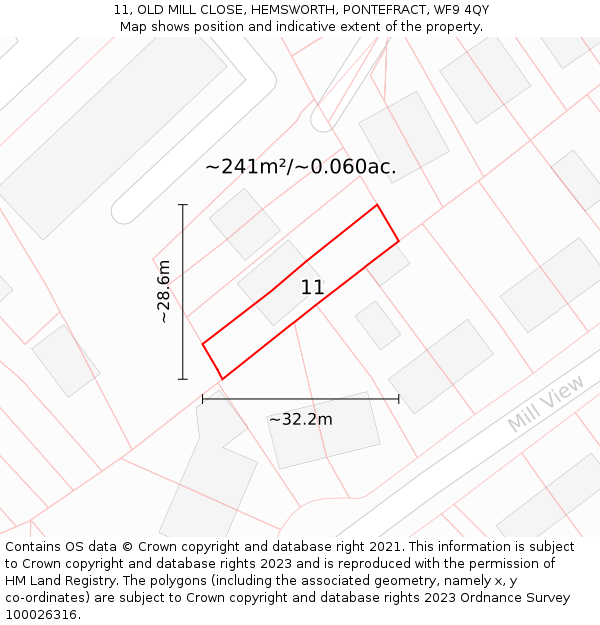 11, OLD MILL CLOSE, HEMSWORTH, PONTEFRACT, WF9 4QY: Plot and title map