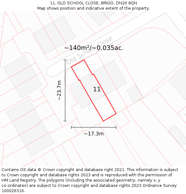 11, OLD SCHOOL CLOSE, BRIGG, DN20 8QN: Plot and title map