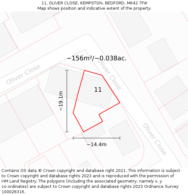 11, OLIVER CLOSE, KEMPSTON, BEDFORD, MK42 7FW: Plot and title map