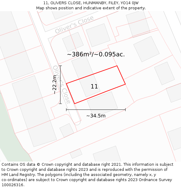 11, OLIVERS CLOSE, HUNMANBY, FILEY, YO14 0JW: Plot and title map