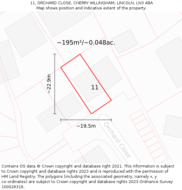 11, ORCHARD CLOSE, CHERRY WILLINGHAM, LINCOLN, LN3 4BA: Plot and title map
