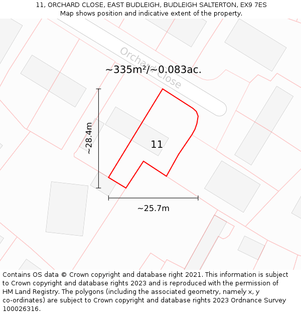 11, ORCHARD CLOSE, EAST BUDLEIGH, BUDLEIGH SALTERTON, EX9 7ES: Plot and title map