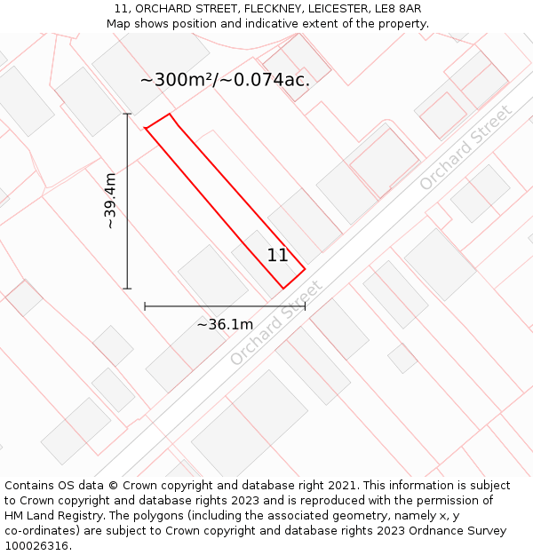 11, ORCHARD STREET, FLECKNEY, LEICESTER, LE8 8AR: Plot and title map