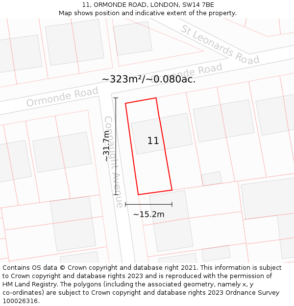 11, ORMONDE ROAD, LONDON, SW14 7BE: Plot and title map