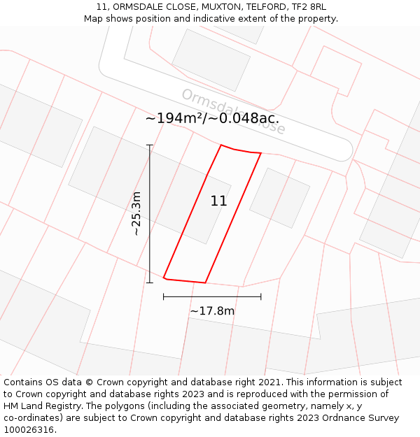 11, ORMSDALE CLOSE, MUXTON, TELFORD, TF2 8RL: Plot and title map