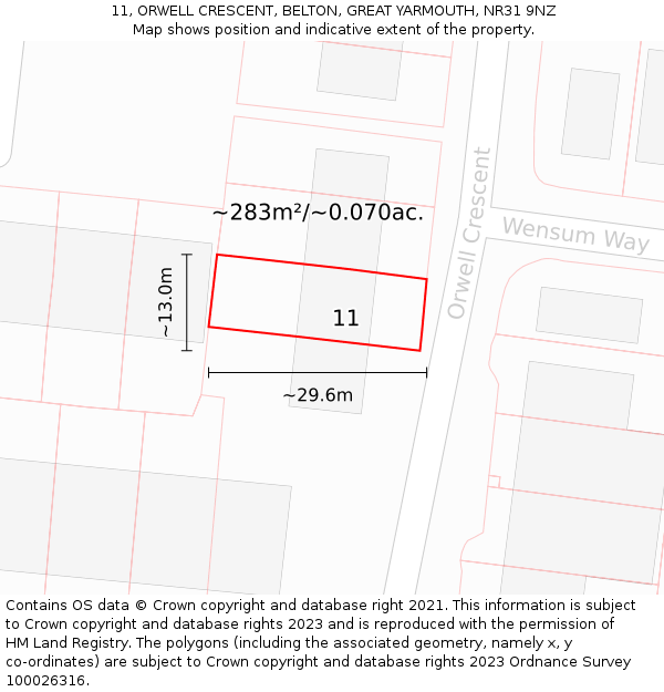 11, ORWELL CRESCENT, BELTON, GREAT YARMOUTH, NR31 9NZ: Plot and title map