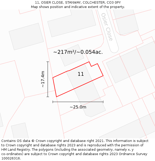 11, OSIER CLOSE, STANWAY, COLCHESTER, CO3 0PY: Plot and title map