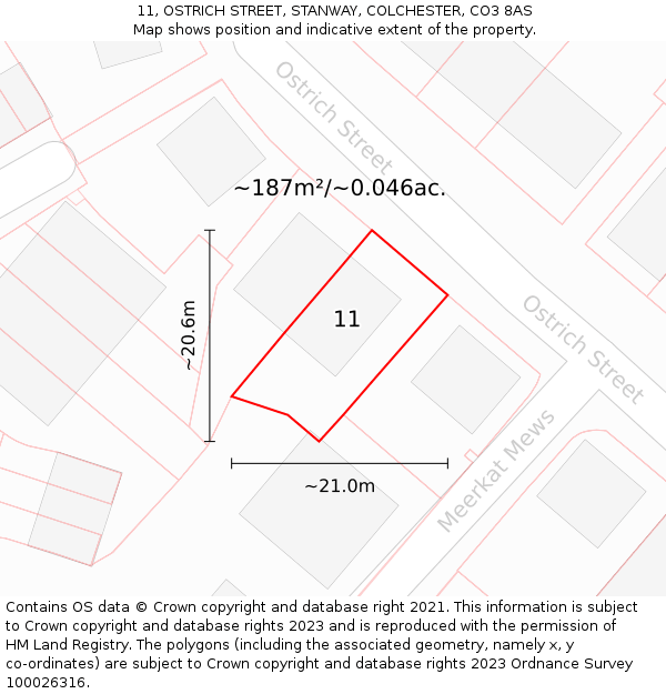 11, OSTRICH STREET, STANWAY, COLCHESTER, CO3 8AS: Plot and title map