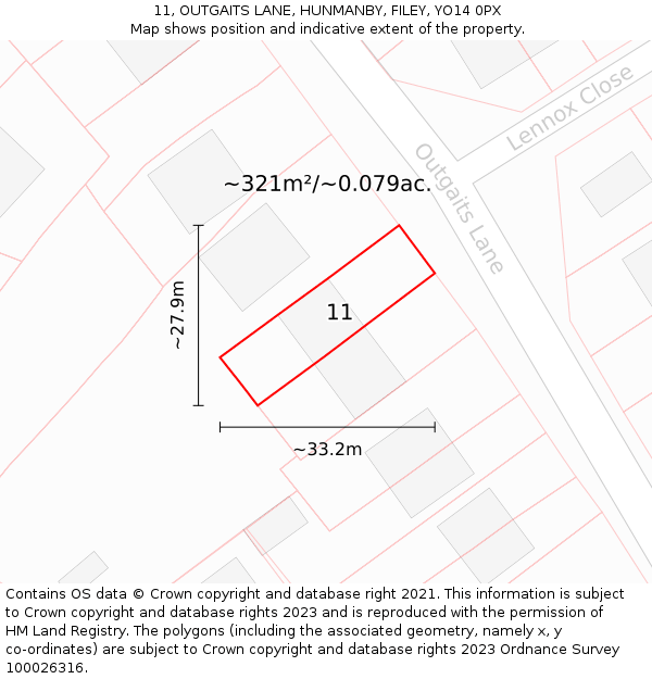 11, OUTGAITS LANE, HUNMANBY, FILEY, YO14 0PX: Plot and title map