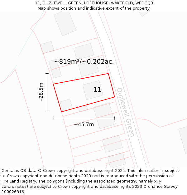 11, OUZLEWELL GREEN, LOFTHOUSE, WAKEFIELD, WF3 3QR: Plot and title map