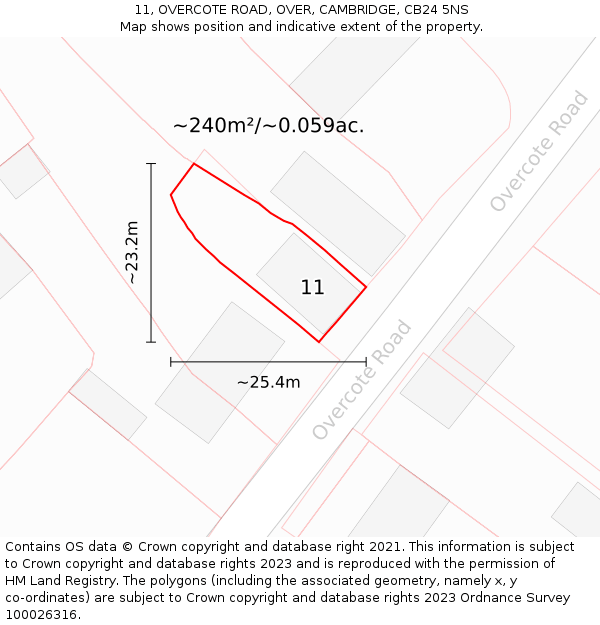 11, OVERCOTE ROAD, OVER, CAMBRIDGE, CB24 5NS: Plot and title map