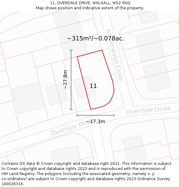 11, OVERDALE DRIVE, WALSALL, WS2 0NQ: Plot and title map