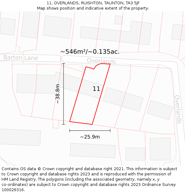 11, OVERLANDS, RUISHTON, TAUNTON, TA3 5JF: Plot and title map