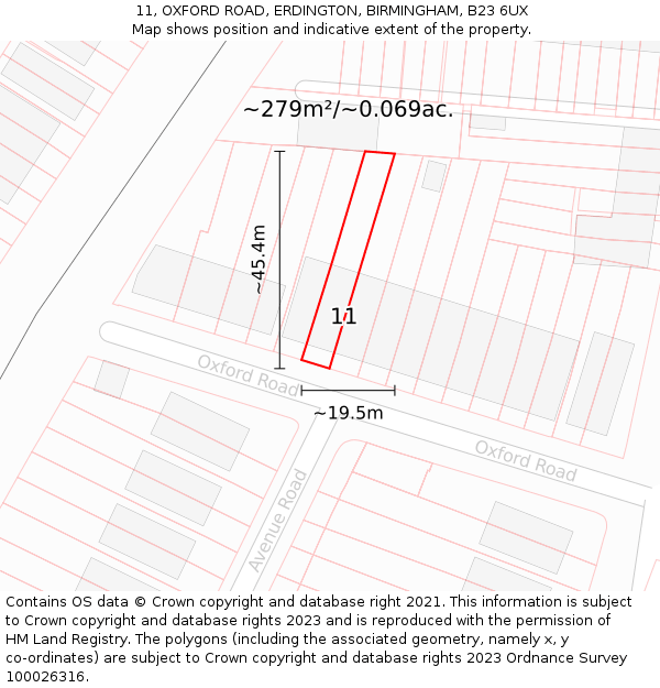 11, OXFORD ROAD, ERDINGTON, BIRMINGHAM, B23 6UX: Plot and title map
