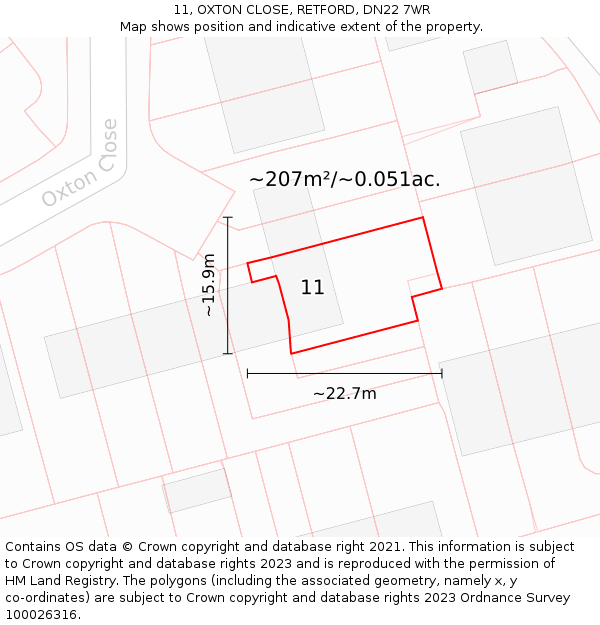11, OXTON CLOSE, RETFORD, DN22 7WR: Plot and title map