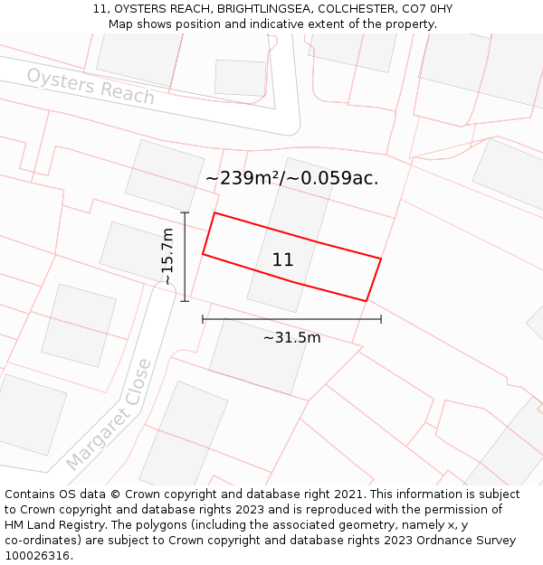 11, OYSTERS REACH, BRIGHTLINGSEA, COLCHESTER, CO7 0HY: Plot and title map