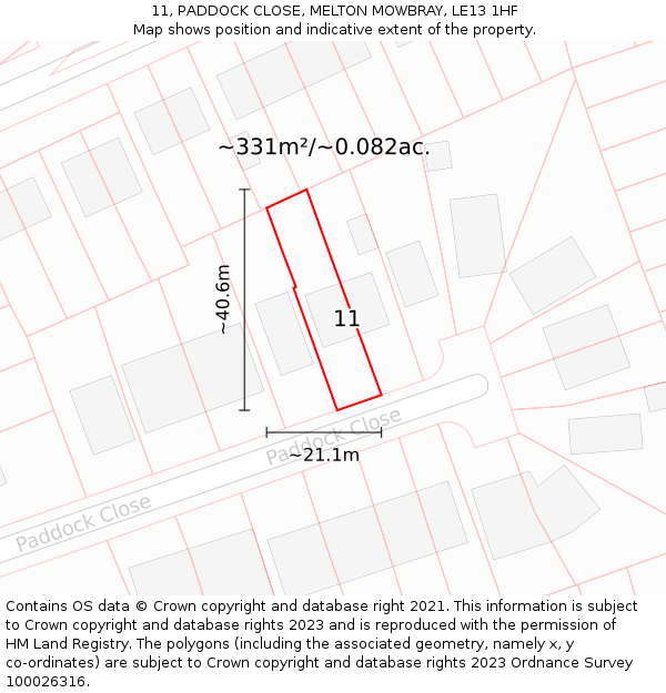 11, PADDOCK CLOSE, MELTON MOWBRAY, LE13 1HF: Plot and title map