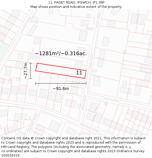 11, PAGET ROAD, IPSWICH, IP1 3RP: Plot and title map