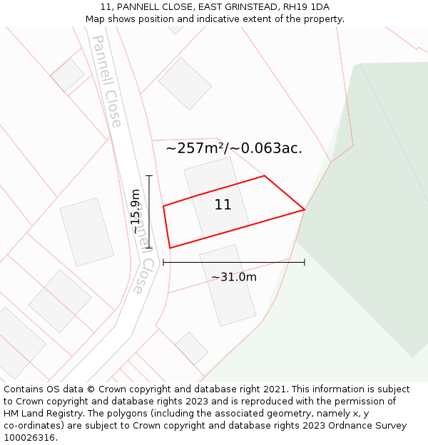 11, PANNELL CLOSE, EAST GRINSTEAD, RH19 1DA: Plot and title map