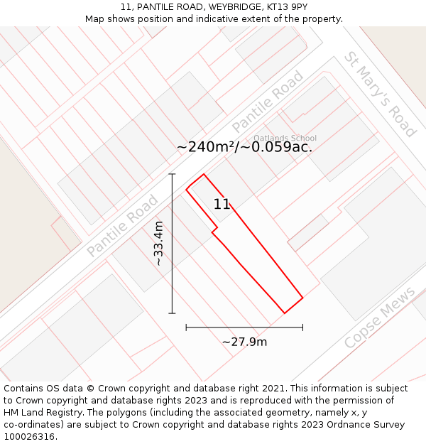 11, PANTILE ROAD, WEYBRIDGE, KT13 9PY: Plot and title map