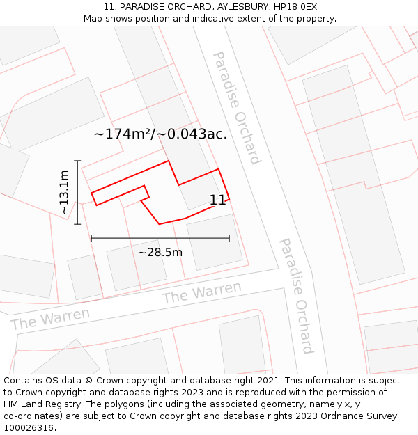 11, PARADISE ORCHARD, AYLESBURY, HP18 0EX: Plot and title map
