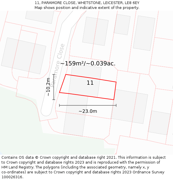 11, PARAMORE CLOSE, WHETSTONE, LEICESTER, LE8 6EY: Plot and title map