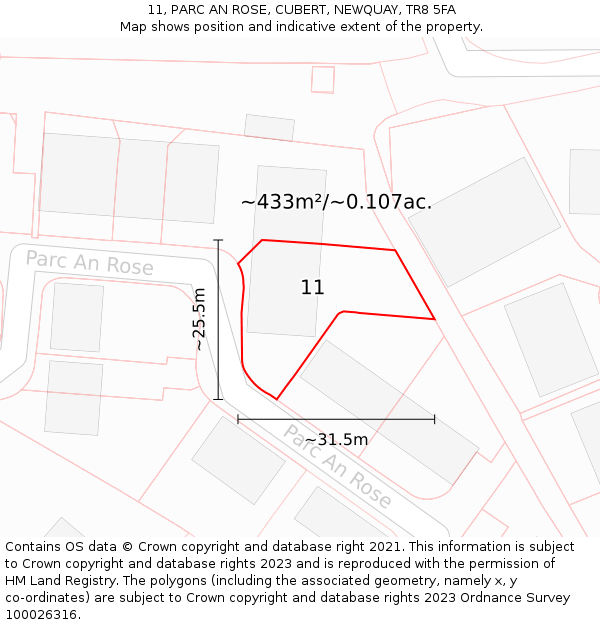 11, PARC AN ROSE, CUBERT, NEWQUAY, TR8 5FA: Plot and title map