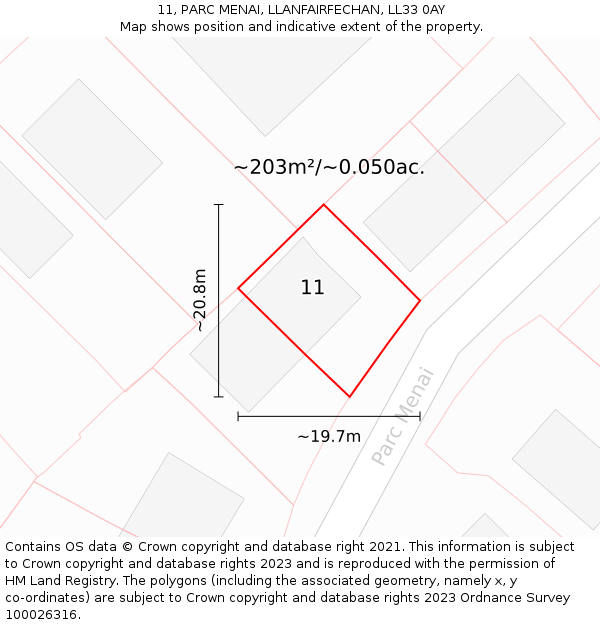 11, PARC MENAI, LLANFAIRFECHAN, LL33 0AY: Plot and title map