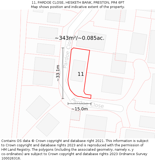 11, PARDOE CLOSE, HESKETH BANK, PRESTON, PR4 6PT: Plot and title map