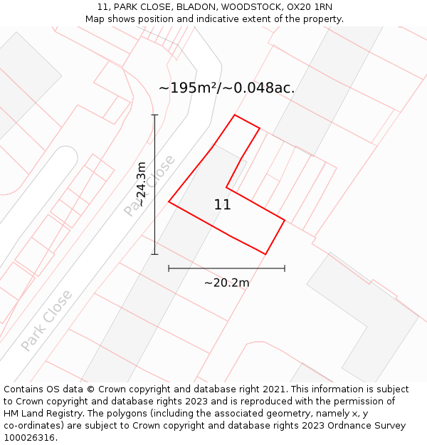 11, PARK CLOSE, BLADON, WOODSTOCK, OX20 1RN: Plot and title map