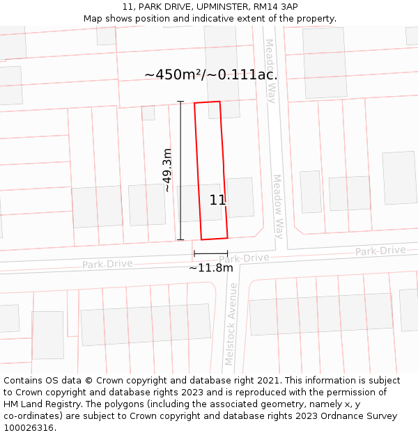 11, PARK DRIVE, UPMINSTER, RM14 3AP: Plot and title map