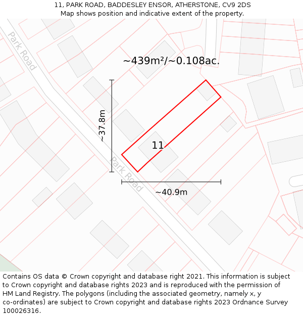 11, PARK ROAD, BADDESLEY ENSOR, ATHERSTONE, CV9 2DS: Plot and title map