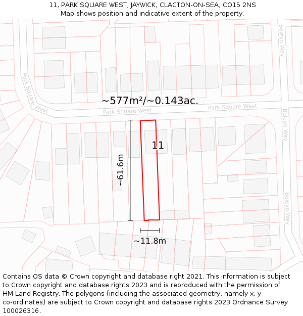11, PARK SQUARE WEST, JAYWICK, CLACTON-ON-SEA, CO15 2NS: Plot and title map