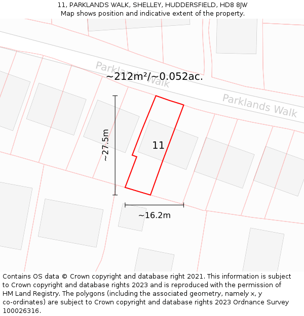 11, PARKLANDS WALK, SHELLEY, HUDDERSFIELD, HD8 8JW: Plot and title map