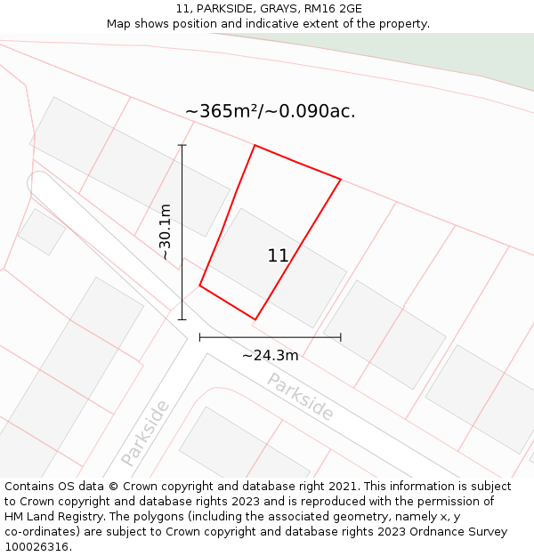 11, PARKSIDE, GRAYS, RM16 2GE: Plot and title map