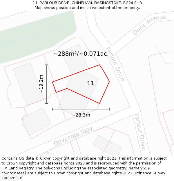 11, PARLOUR DRIVE, CHINEHAM, BASINGSTOKE, RG24 8HR: Plot and title map