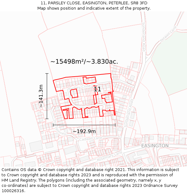 11, PARSLEY CLOSE, EASINGTON, PETERLEE, SR8 3FD: Plot and title map