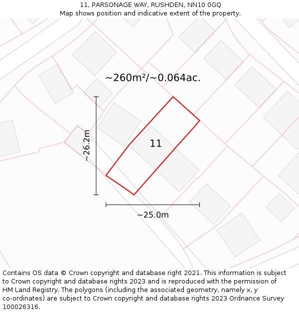 11, PARSONAGE WAY, RUSHDEN, NN10 0GQ: Plot and title map
