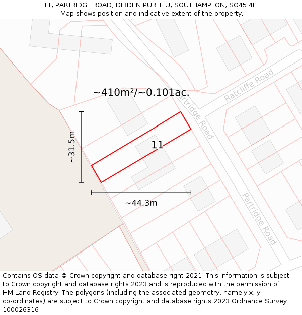 11, PARTRIDGE ROAD, DIBDEN PURLIEU, SOUTHAMPTON, SO45 4LL: Plot and title map
