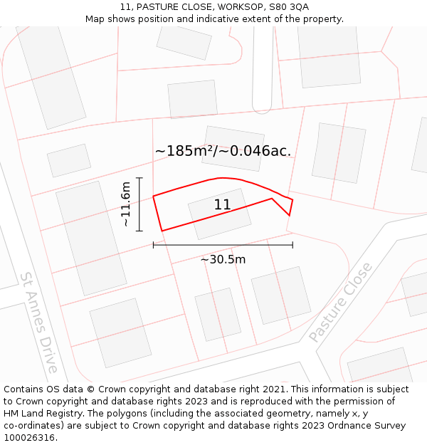 11, PASTURE CLOSE, WORKSOP, S80 3QA: Plot and title map
