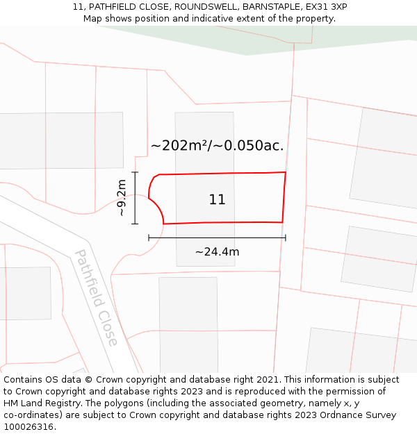 11, PATHFIELD CLOSE, ROUNDSWELL, BARNSTAPLE, EX31 3XP: Plot and title map