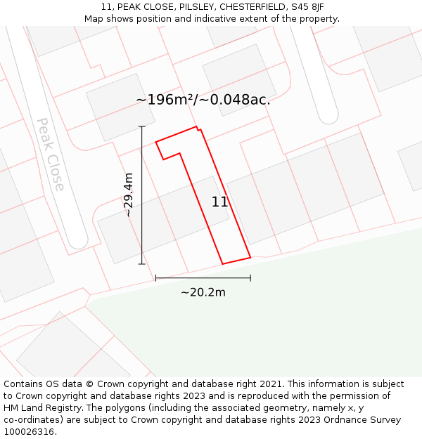 11, PEAK CLOSE, PILSLEY, CHESTERFIELD, S45 8JF: Plot and title map
