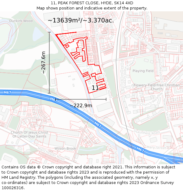 11, PEAK FOREST CLOSE, HYDE, SK14 4XD: Plot and title map