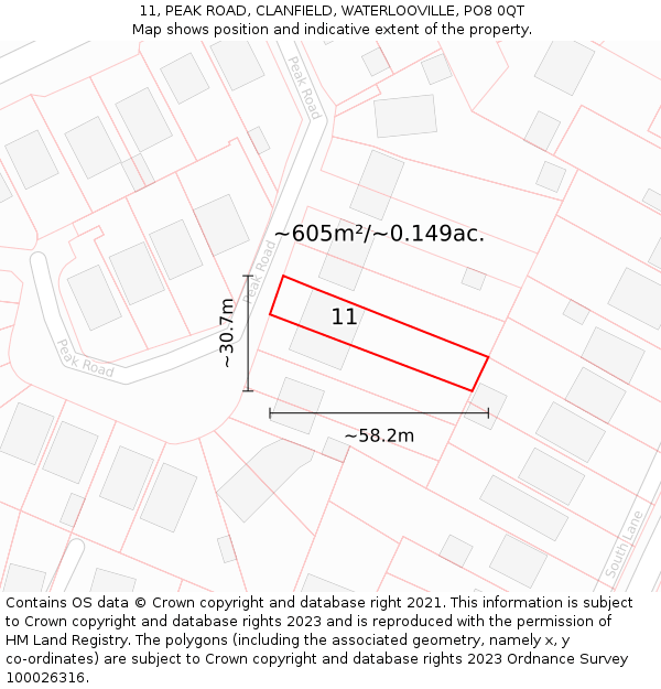 11, PEAK ROAD, CLANFIELD, WATERLOOVILLE, PO8 0QT: Plot and title map