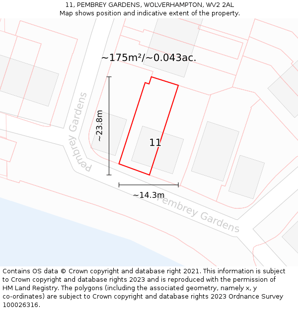 11, PEMBREY GARDENS, WOLVERHAMPTON, WV2 2AL: Plot and title map